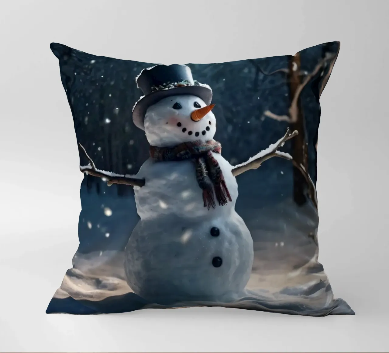 Un allegro pupazzo di neve si trova in una radura innevata in una giornata invernale. cuscino da DesignDoodle