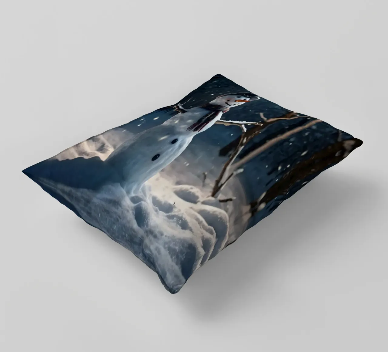 Un allegro pupazzo di neve si trova in una radura innevata in una giornata invernale. cuscino da DesignDoodle