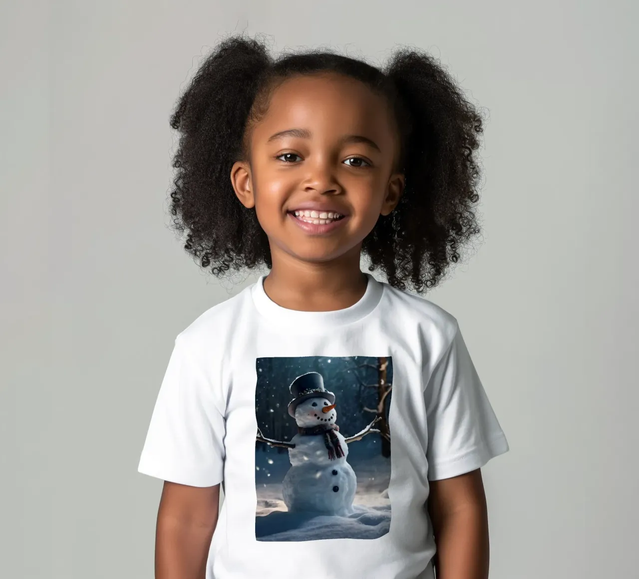 Un allegro pupazzo di neve si trova in una radura innevata in una giornata invernale. t-shirt bambini da DesignDoodle