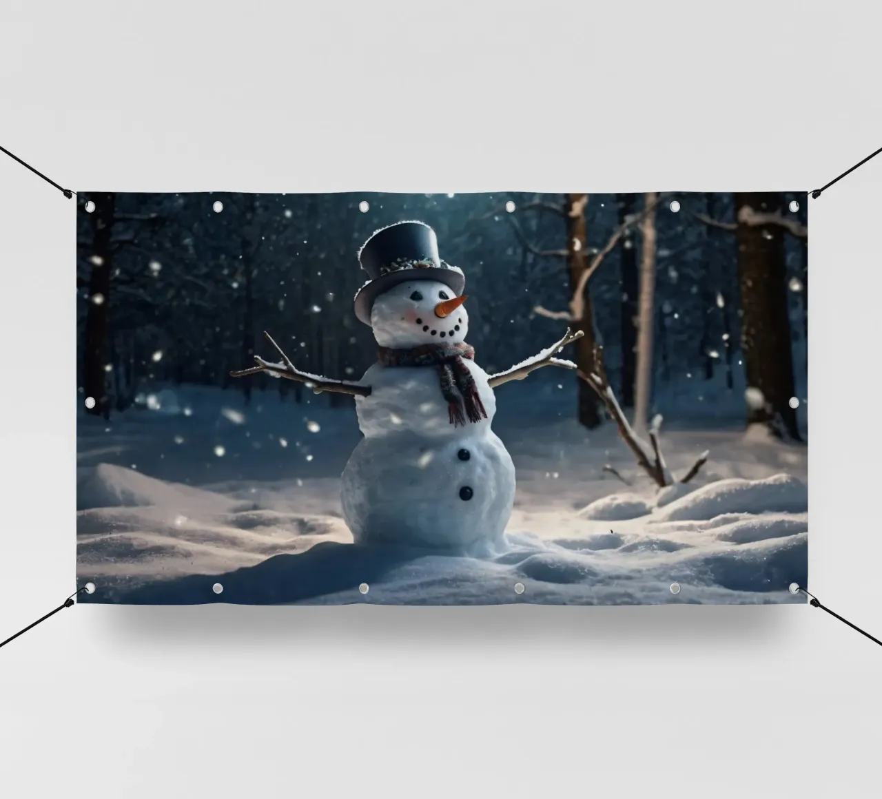 Un allegro pupazzo di neve si trova in una radura innevata in una giornata invernale. telo in pvc da DesignDoodle