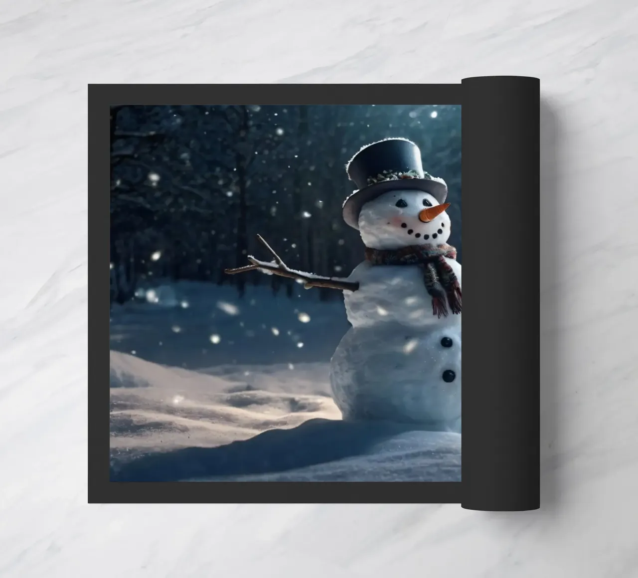 Un allegro pupazzo di neve si trova in una radura innevata in una giornata invernale. zerbino da DesignDoodle