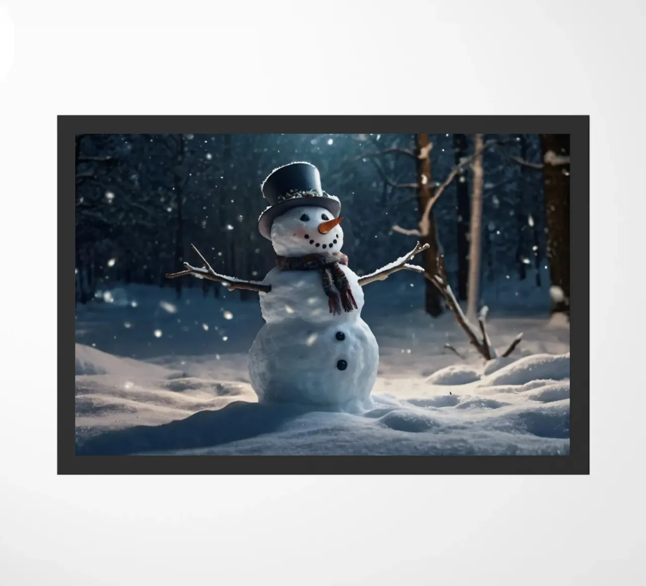 Un allegro pupazzo di neve si trova in una radura innevata in una giornata invernale. zerbino da DesignDoodle