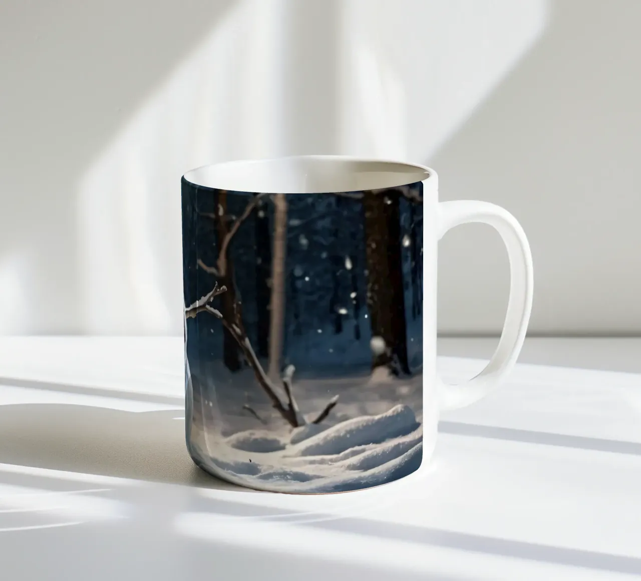 Un allegro pupazzo di neve si trova in una radura innevata in una giornata invernale. tazza in ceramica da DesignDoodle