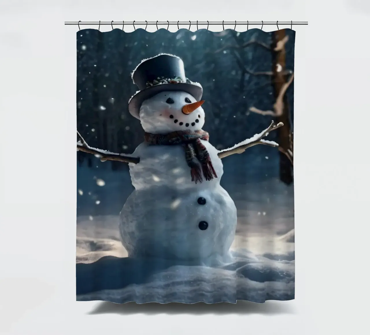 Un allegro pupazzo di neve si trova in una radura innevata in una giornata invernale. tenda da doccia da DesignDoodle