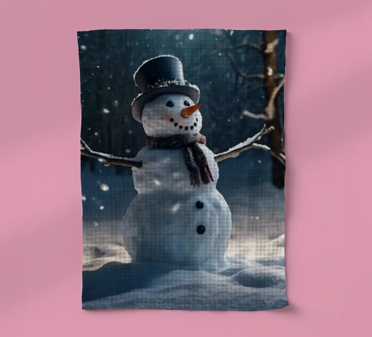 Un allegro pupazzo di neve si trova in una radura innevata in una giornata invernale. canovaccio da cucina da DesignDoodle