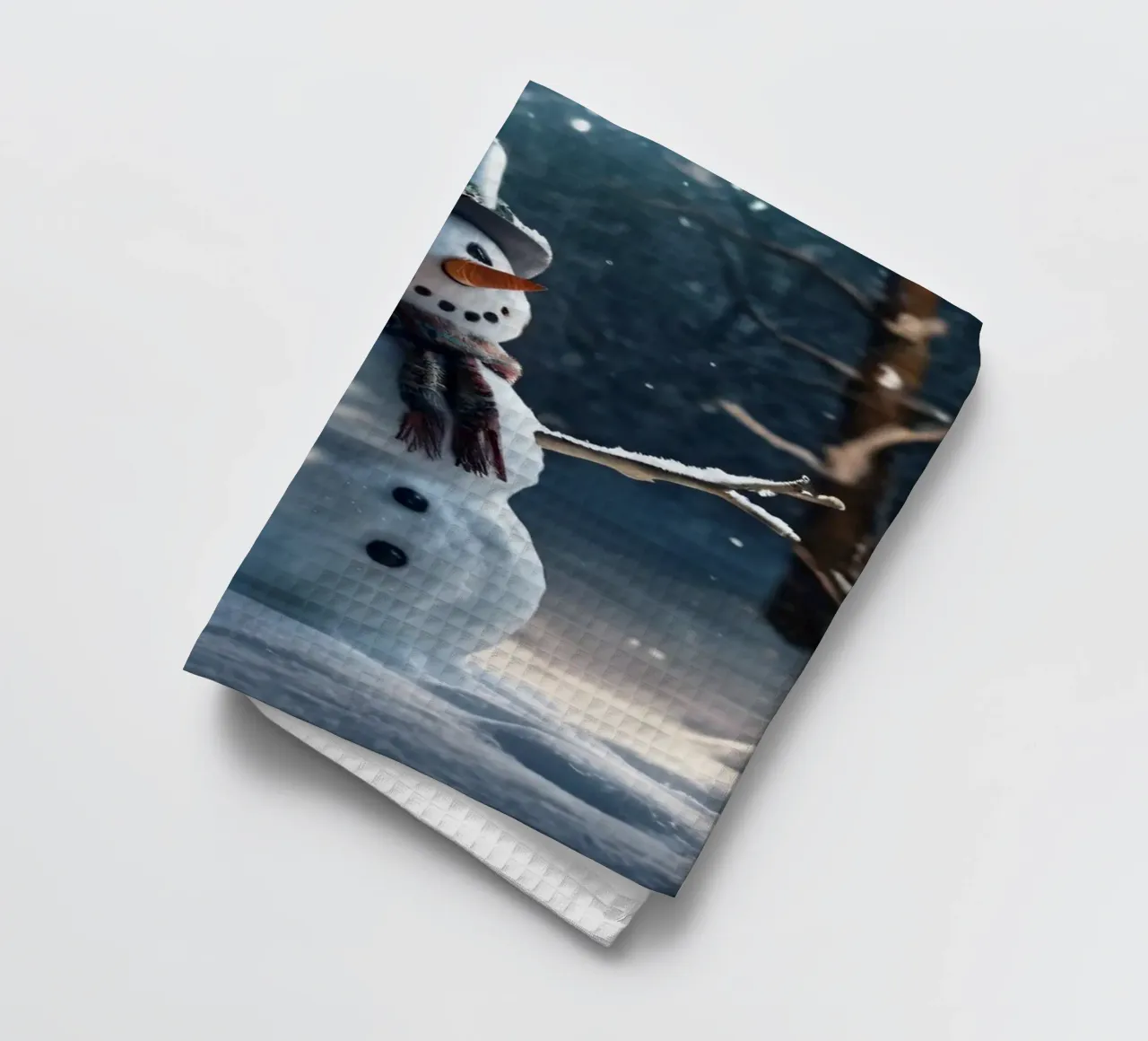 Un allegro pupazzo di neve si trova in una radura innevata in una giornata invernale. canovaccio da cucina da DesignDoodle