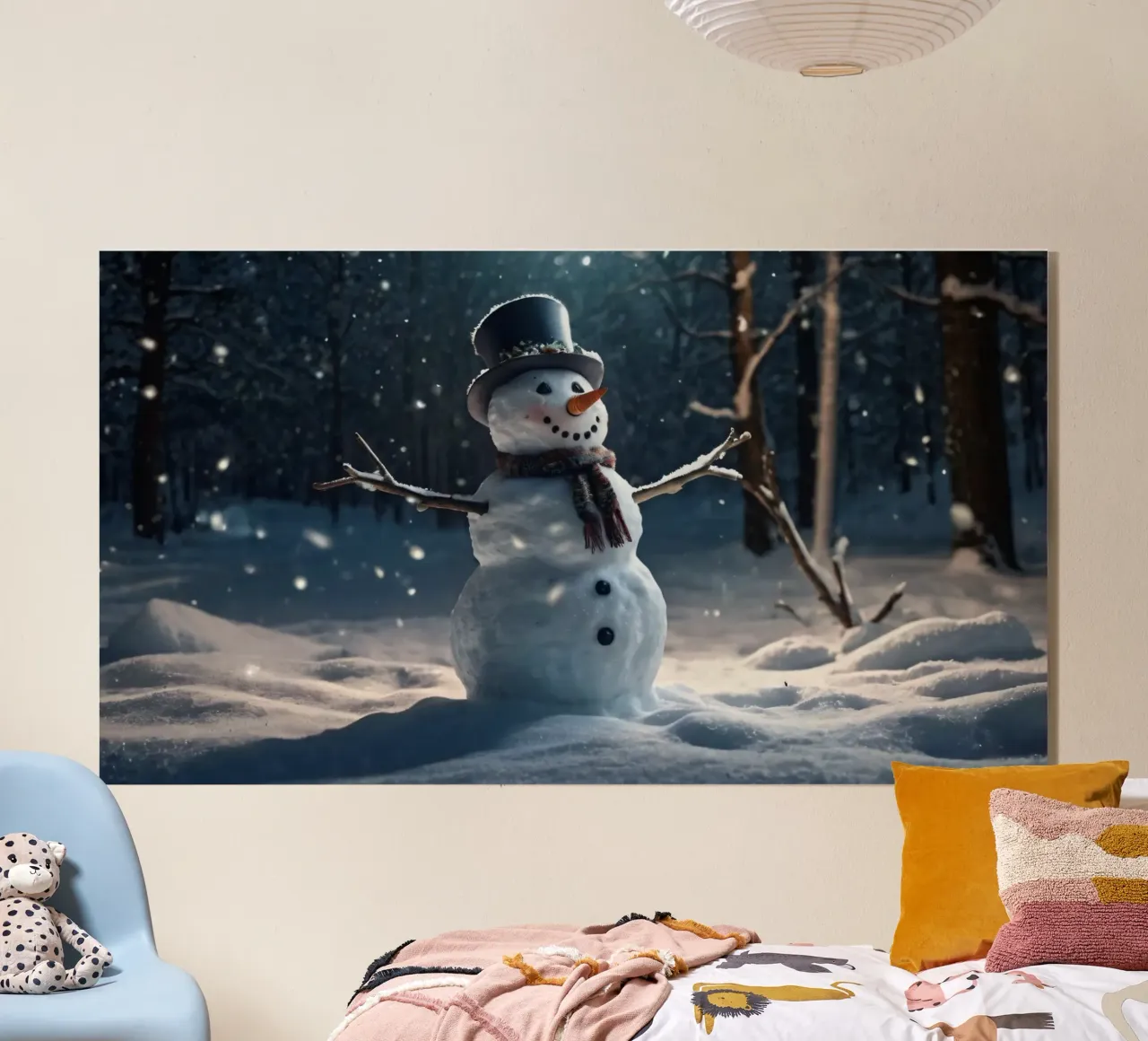 Un allegro pupazzo di neve si trova in una radura innevata in una giornata invernale. plexiglass da DesignDoodle