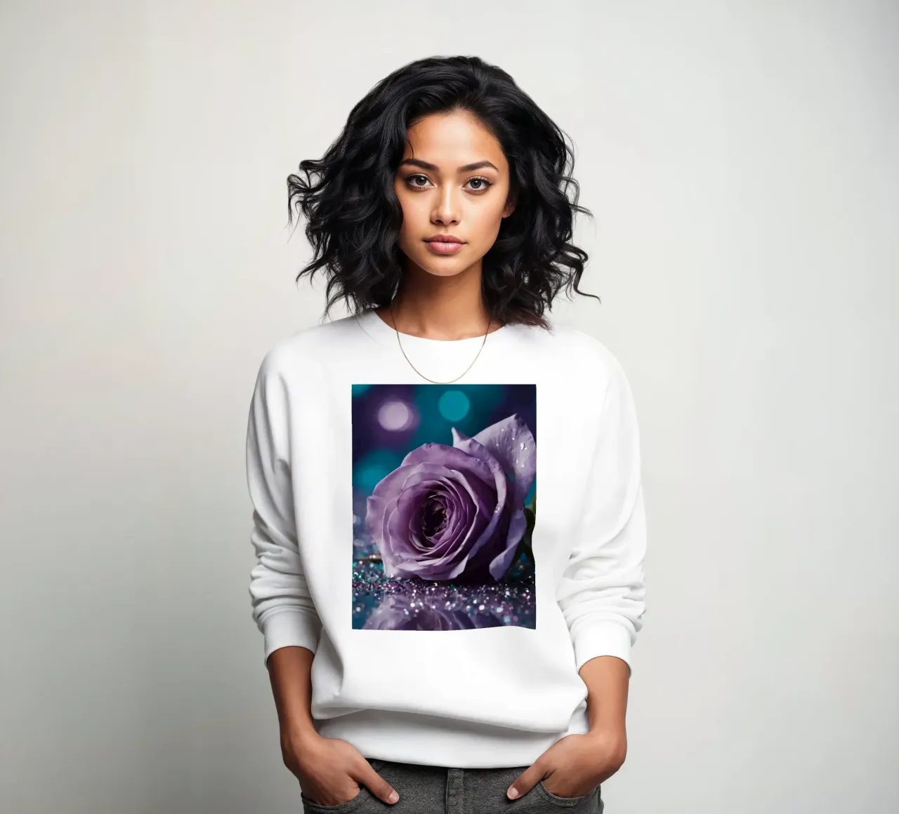 Una bella rosa color lavanda appoggiata su scintillanti brillantini felpa da DesignDoodle