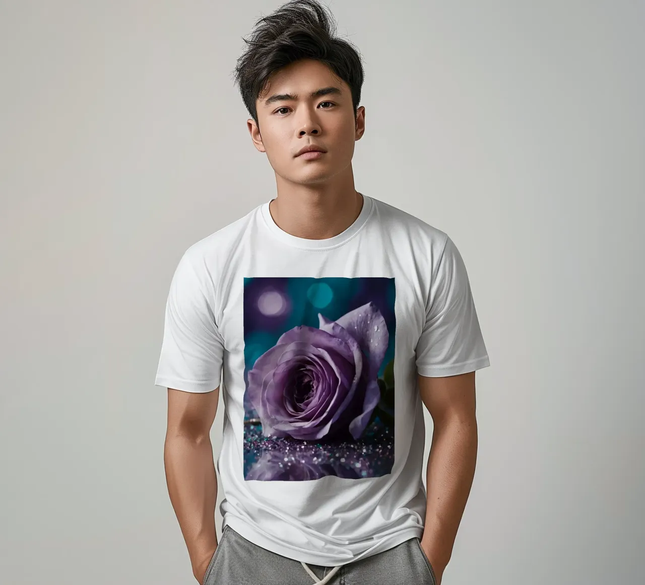 Una bella rosa color lavanda appoggiata su scintillanti brillantini t-shirt da DesignDoodle