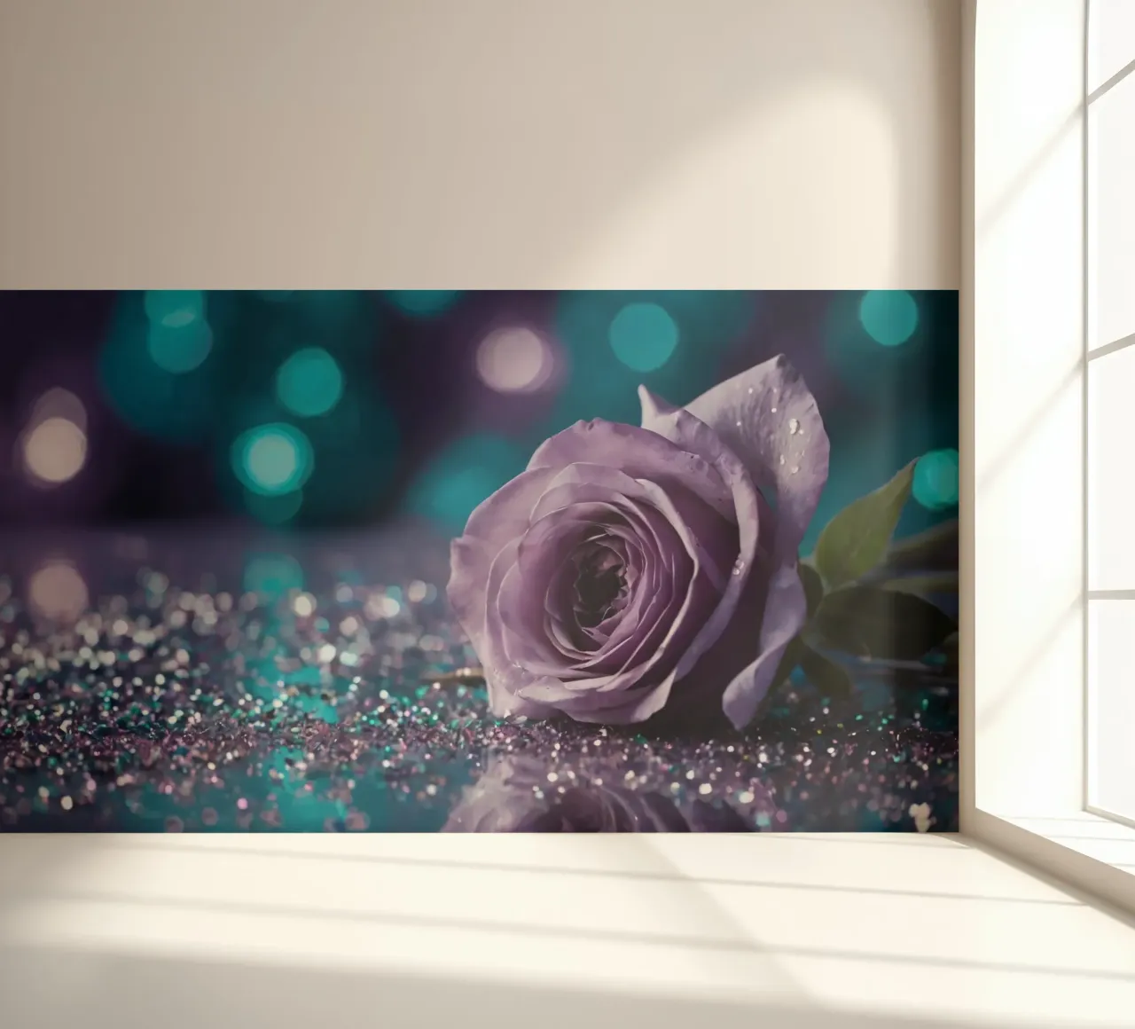 Una bella rosa color lavanda appoggiata su scintillanti brillantini carta da parati fotografica da DesignDoodle