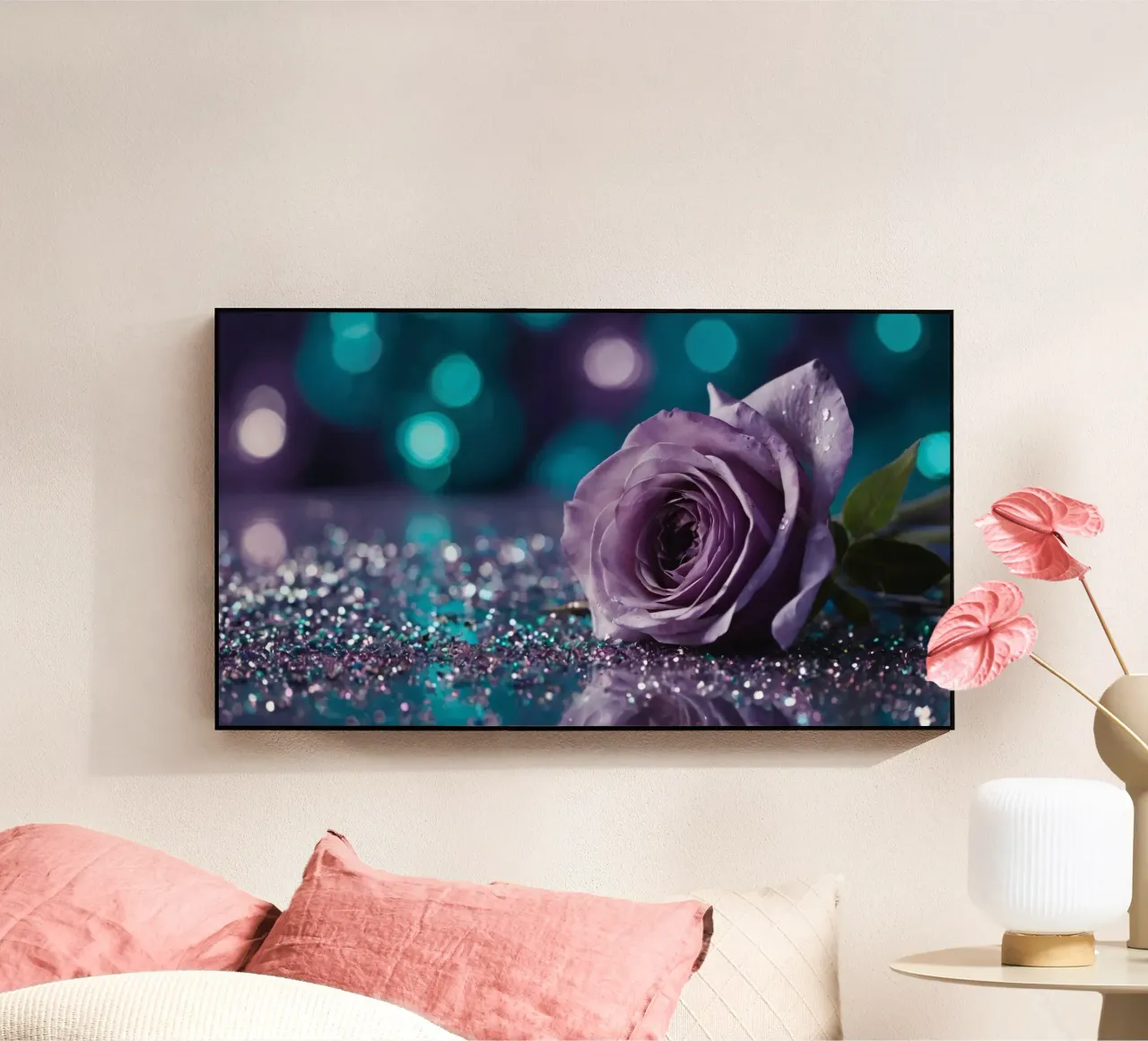 Una bella rosa color lavanda appoggiata su scintillanti brillantini plexiglass da DesignDoodle