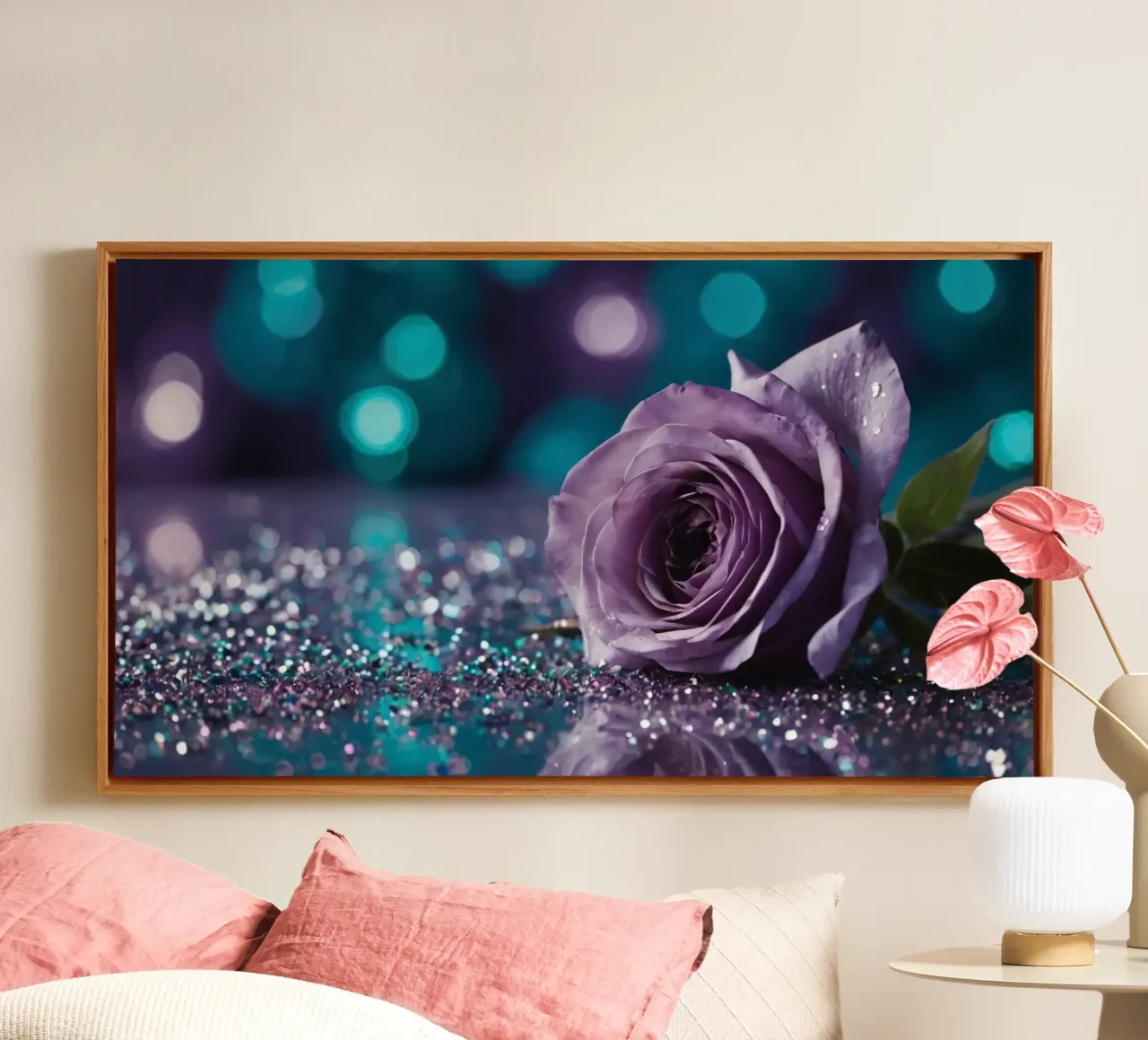 Een mooie lavendelroos rustend op fonkelende glitter canvas met Baklijst van DesignDoodle