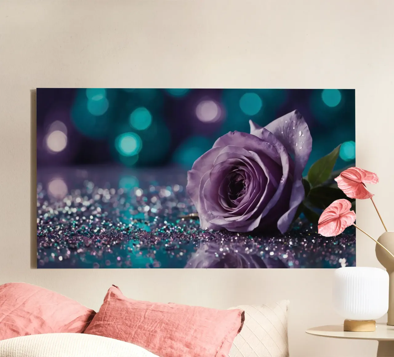Een mooie lavendelroos rustend op fonkelende glitter canvas met Baklijst van DesignDoodle