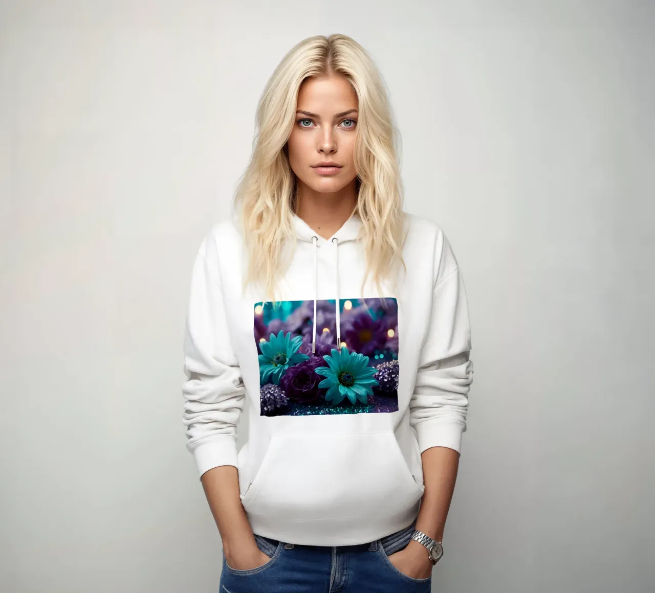 Composizione colorata di fiori verde acqua e viola con candele felpa con cappuccio da DesignDoodle