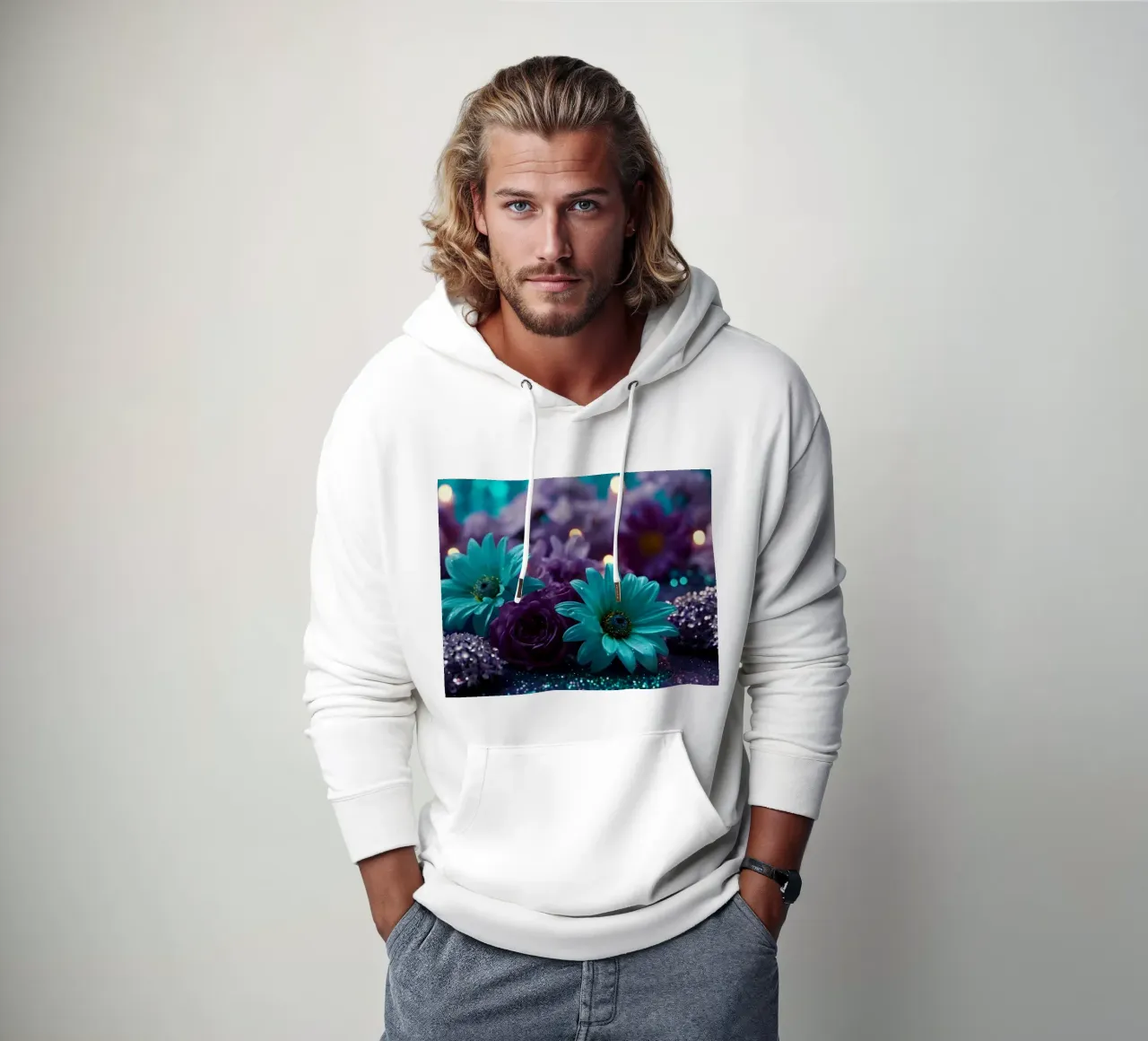 Composizione colorata di fiori verde acqua e viola con candele felpa con cappuccio da DesignDoodle