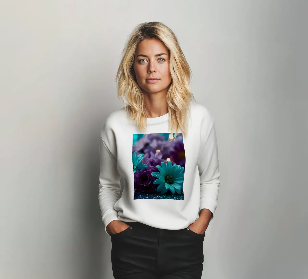 Composizione colorata di fiori verde acqua e viola con candele felpa da DesignDoodle