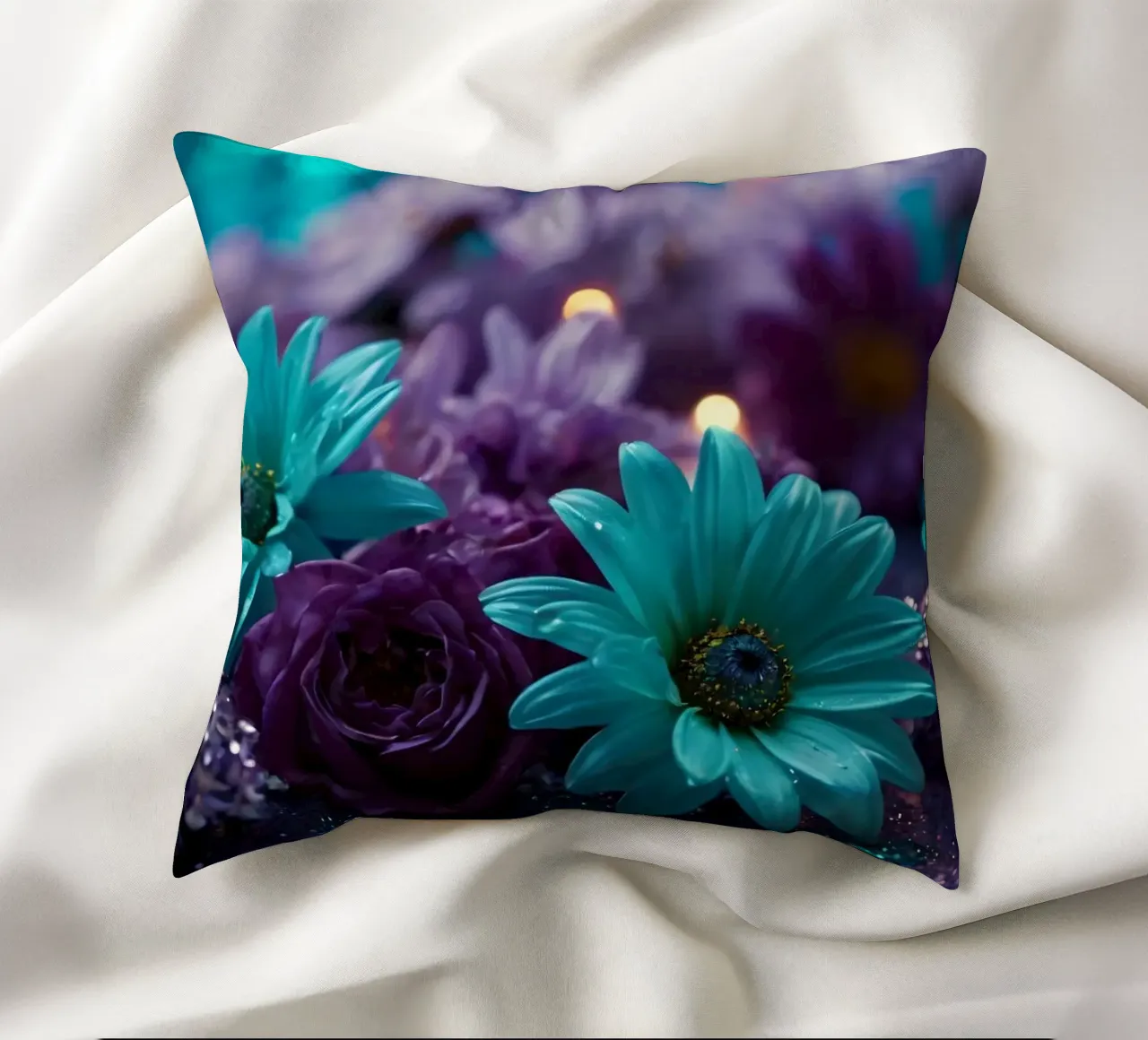 Composizione colorata di fiori verde acqua e viola con candele cuscino da DesignDoodle
