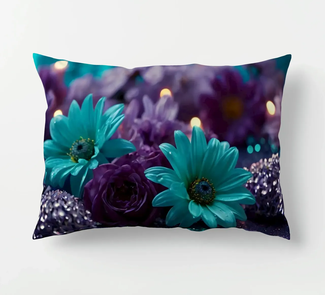 Composizione colorata di fiori verde acqua e viola con candele cuscino da DesignDoodle