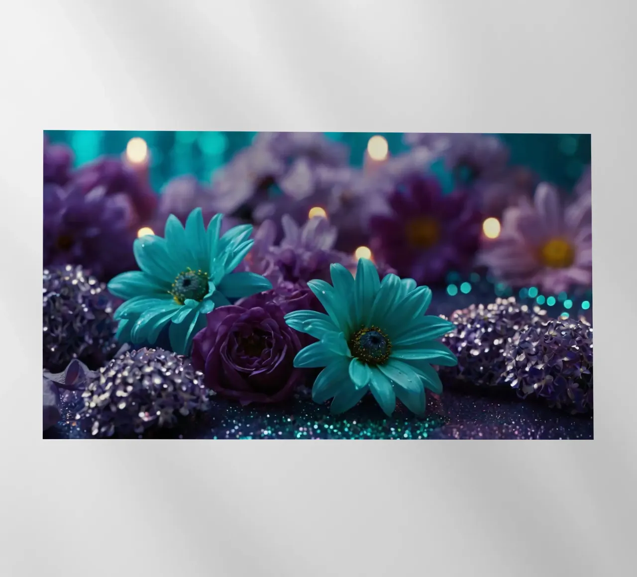 Composizione colorata di fiori verde acqua e viola con candele pellicola backlit da DesignDoodle