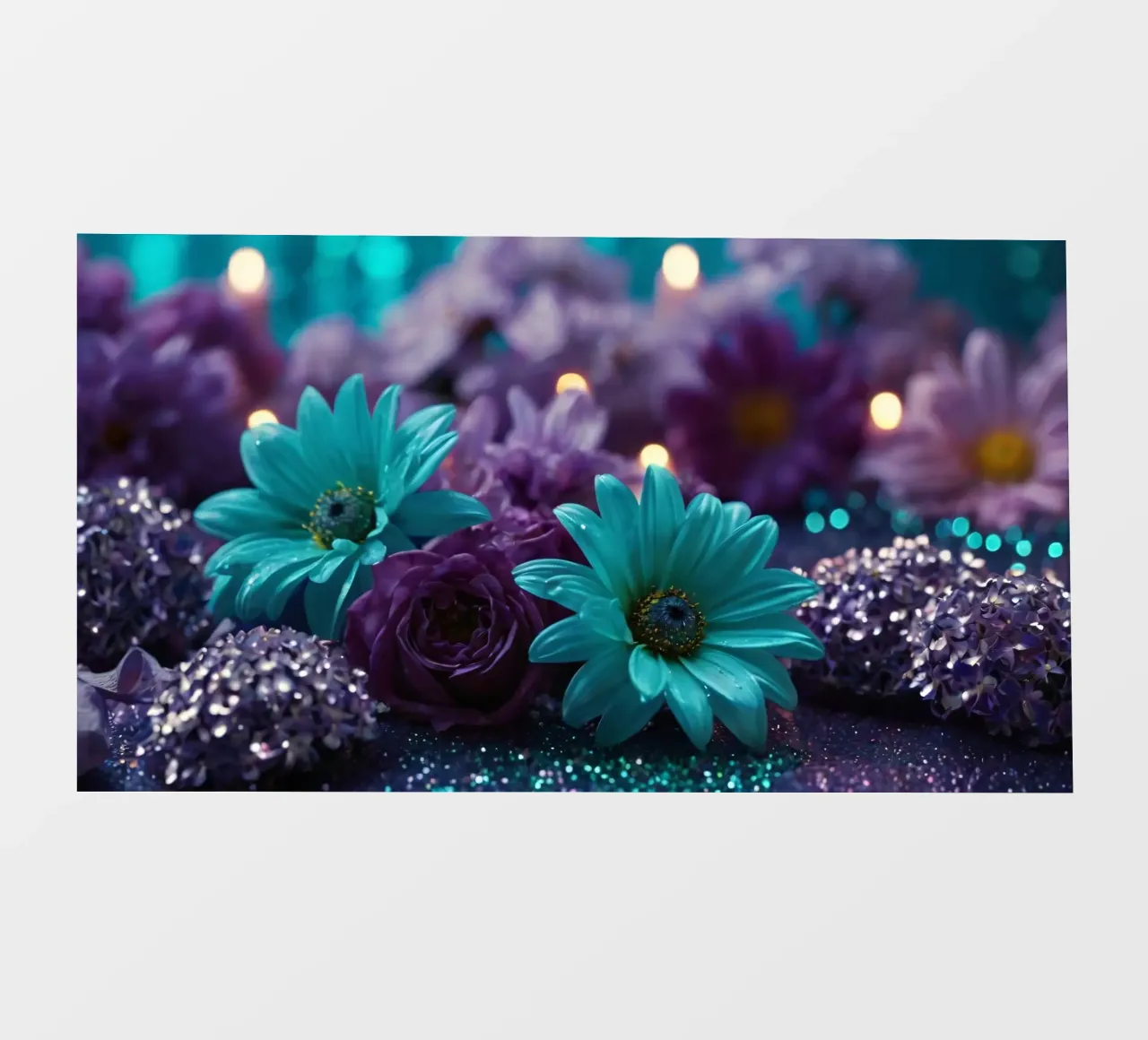 Composizione colorata di fiori verde acqua e viola con candele pellicola backlit da DesignDoodle
