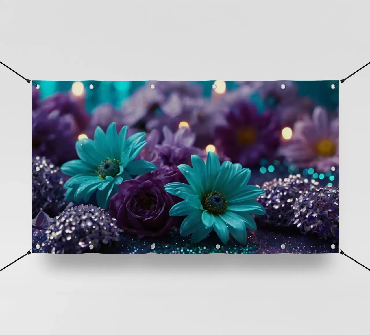 Composizione colorata di fiori verde acqua e viola con candele telo in pvc da DesignDoodle