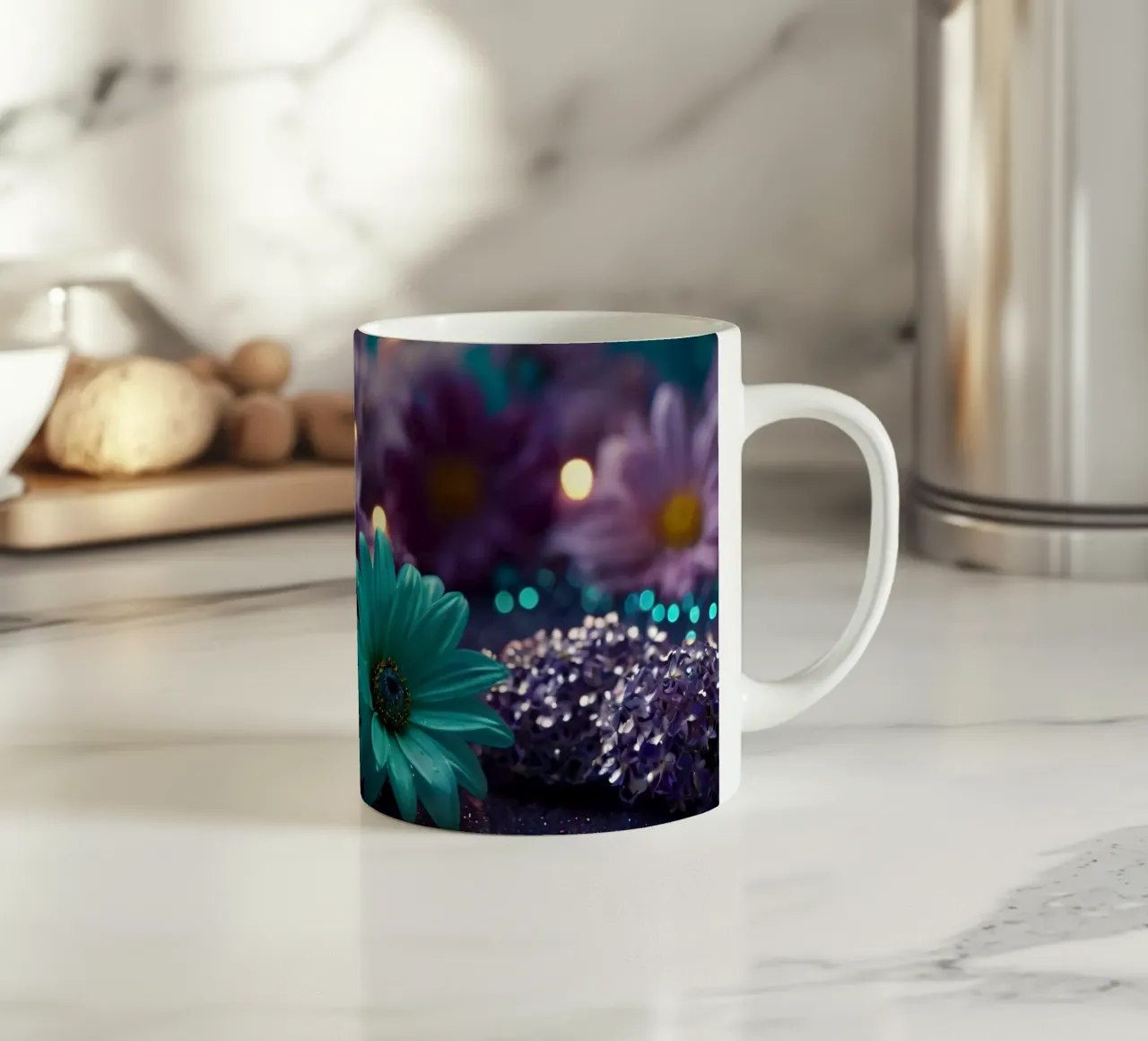Composizione colorata di fiori verde acqua e viola con candele tazza in ceramica da DesignDoodle