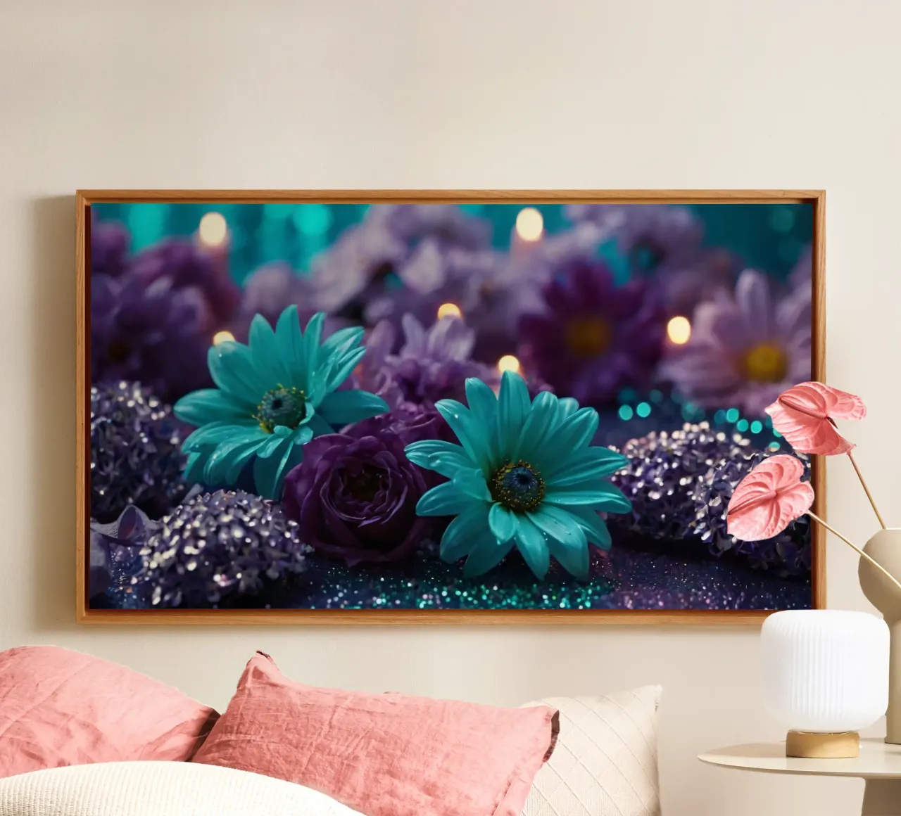 Composizione colorata di fiori verde acqua e viola con candele tela con Cornice a cassetta da DesignDoodle