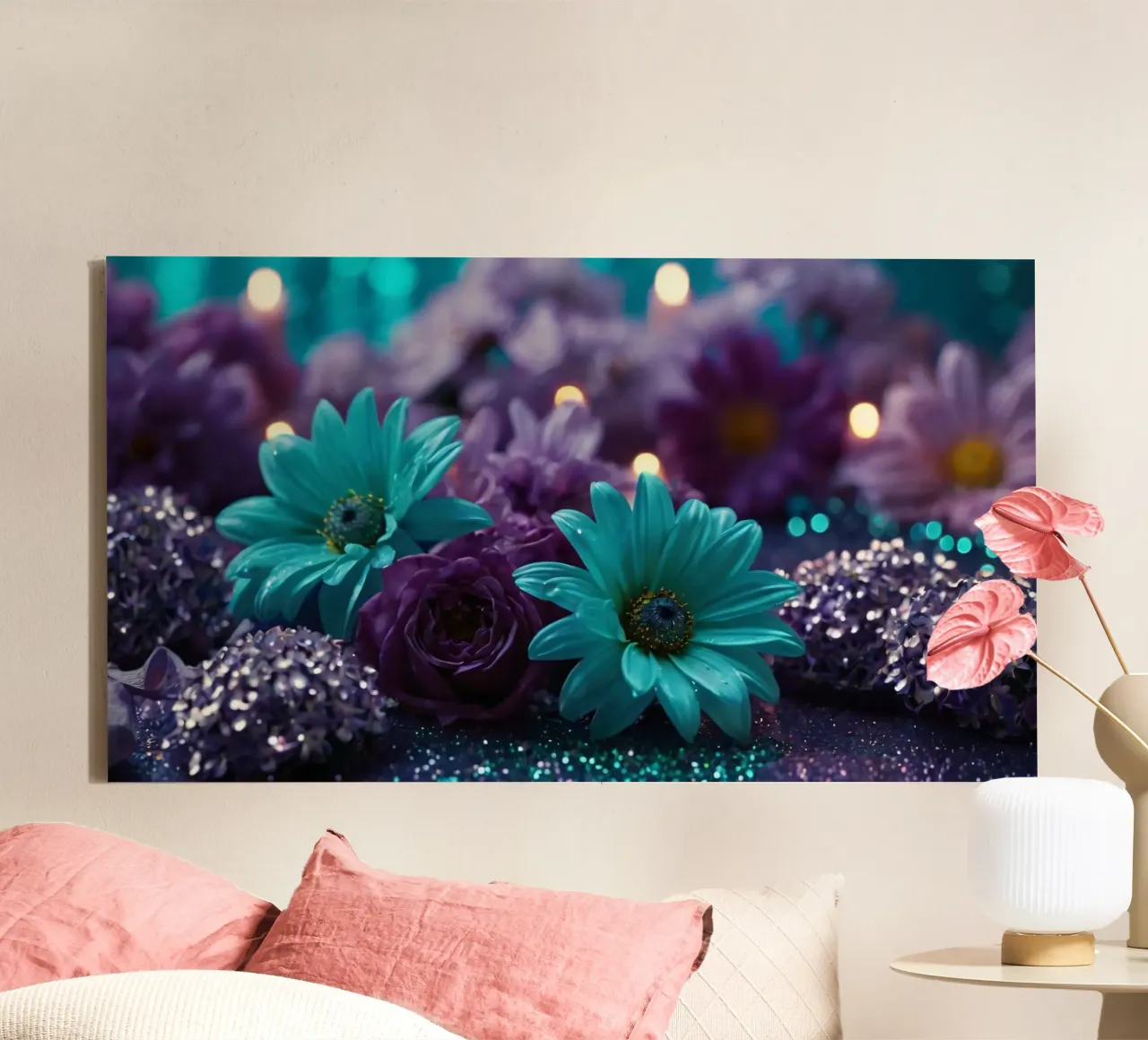 Composizione colorata di fiori verde acqua e viola con candele tela con Cornice a cassetta da DesignDoodle