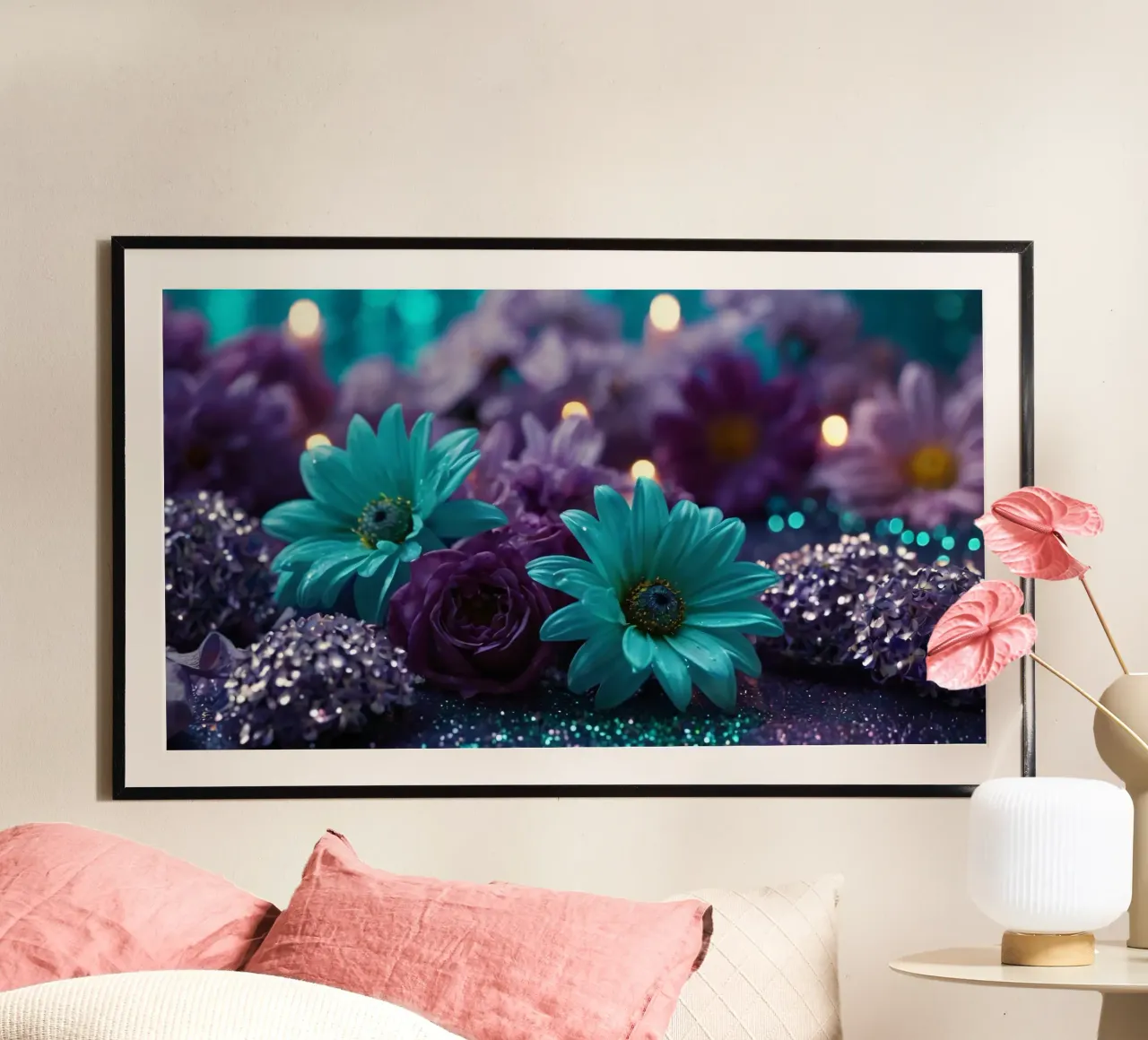 Composizione colorata di fiori verde acqua e viola con candele poster con telaio in alluminio da DesignDoodle