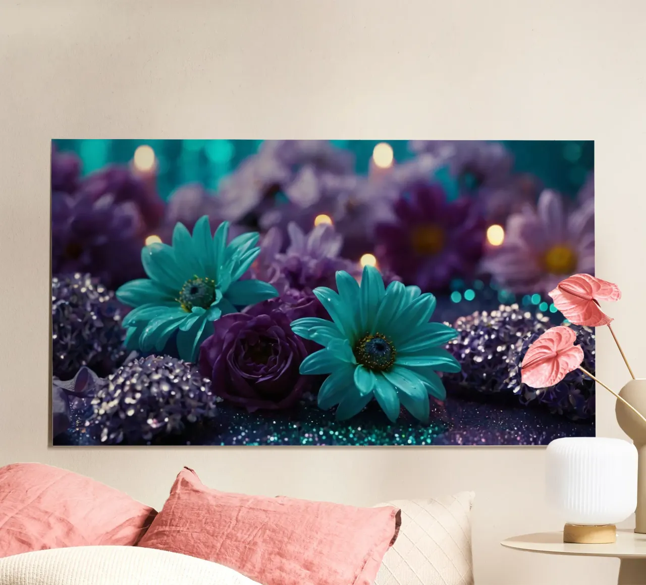 Composizione colorata di fiori verde acqua e viola con candele poster con telaio in alluminio da DesignDoodle