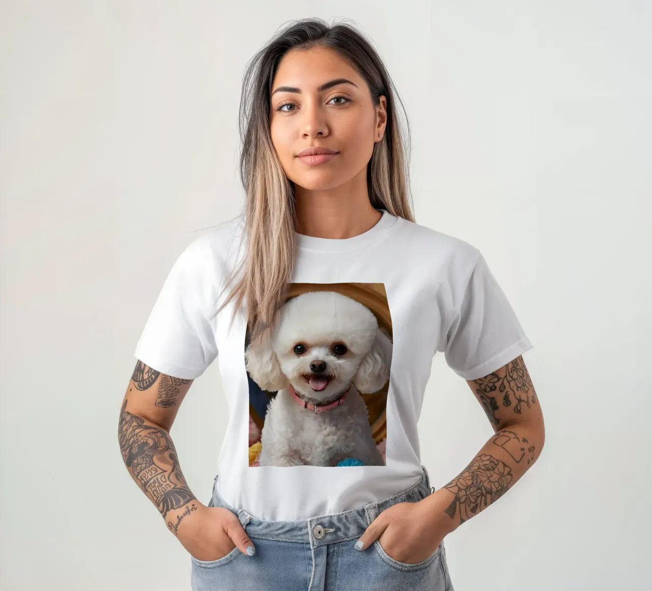 Un allegro barboncino bianco posa tra i giocattoli di peluche t-shirt da DesignDoodle