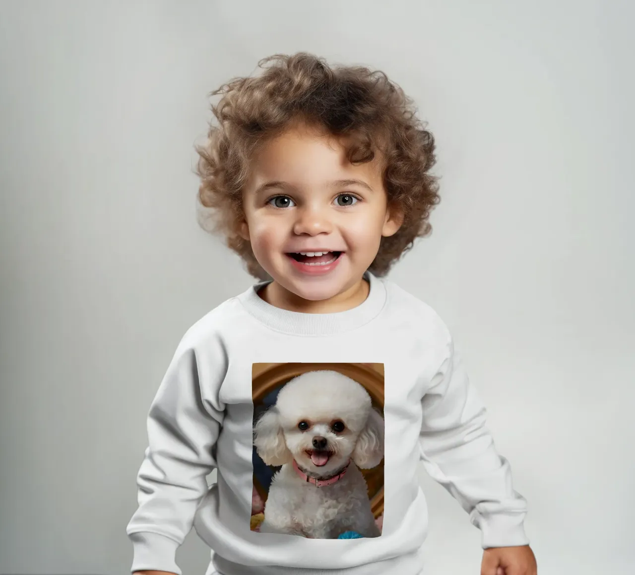 Un allegro barboncino bianco posa tra i giocattoli di peluche felpa neonato da DesignDoodle