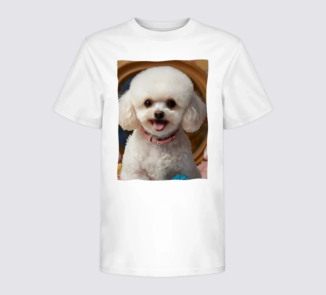 A cheerful white poodle poses among plush toys kids t-shirt by DesignDoodle