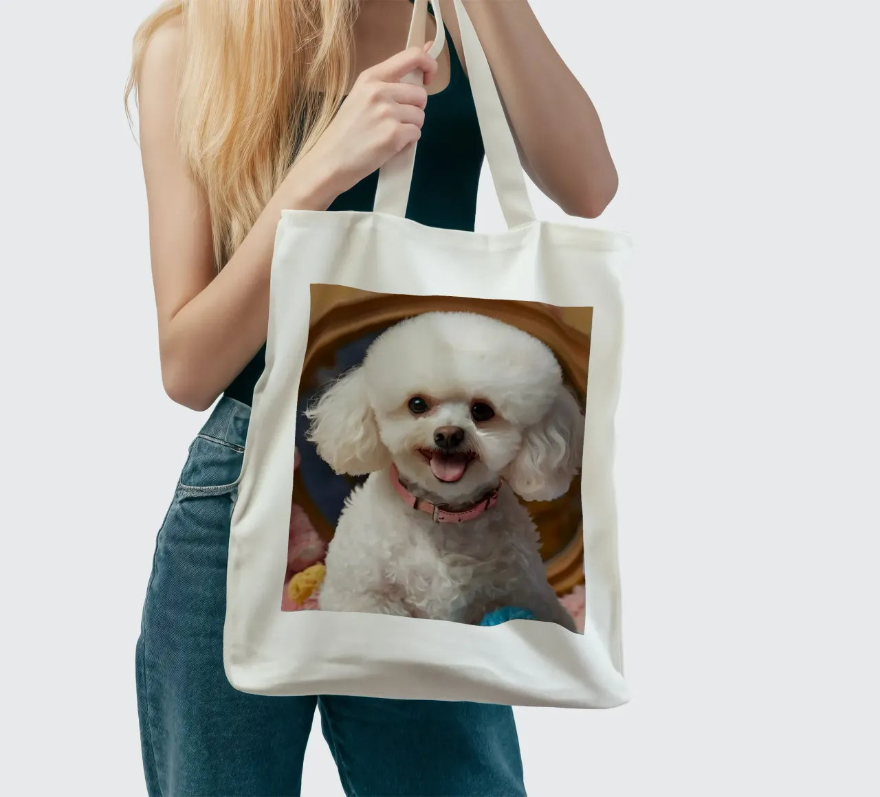 A cheerful white poodle poses among plush toys tote bag by DesignDoodle