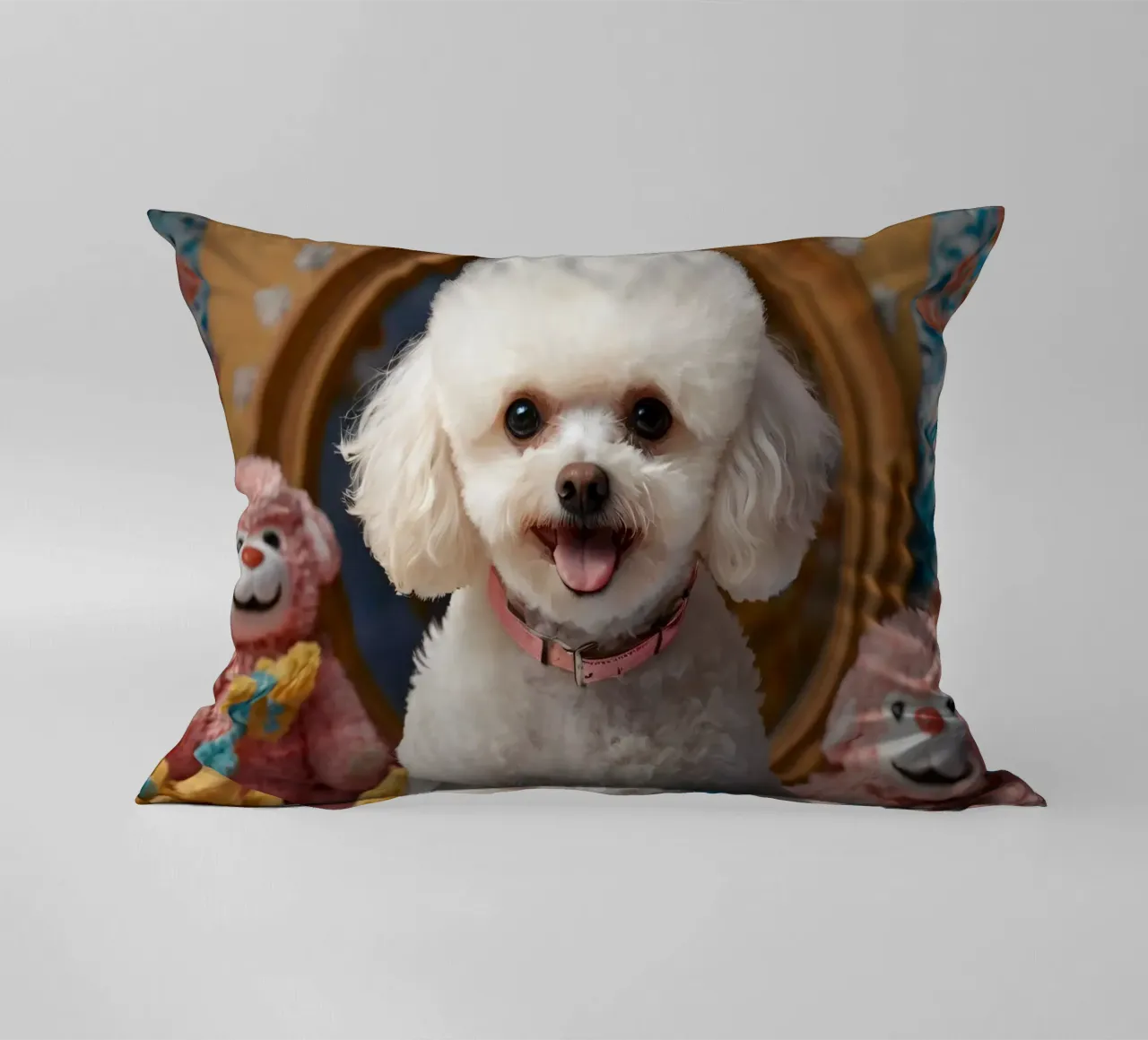 Un allegro barboncino bianco posa tra i giocattoli di peluche cuscino da DesignDoodle