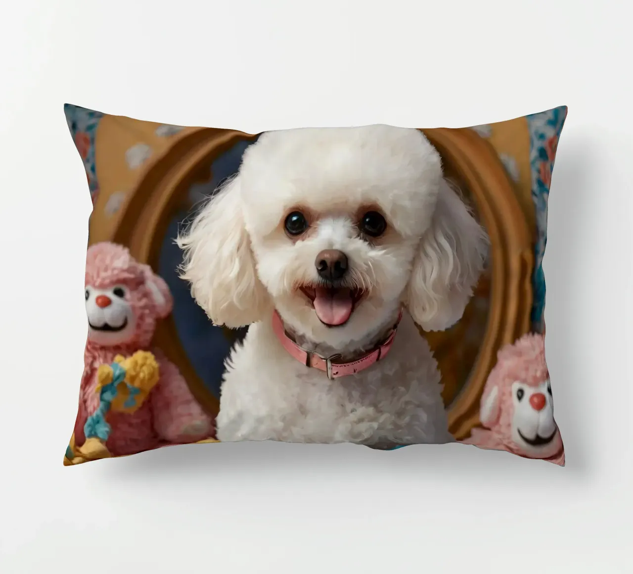 Un allegro barboncino bianco posa tra i giocattoli di peluche cuscino da DesignDoodle