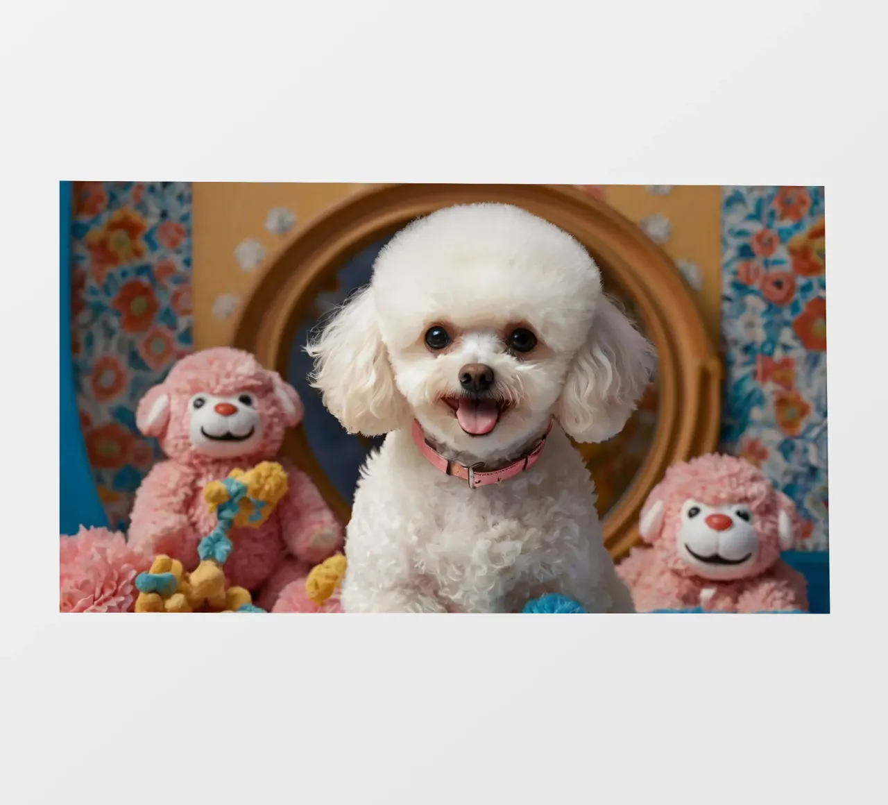 Un allegro barboncino bianco posa tra i giocattoli di peluche pellicola backlit da DesignDoodle