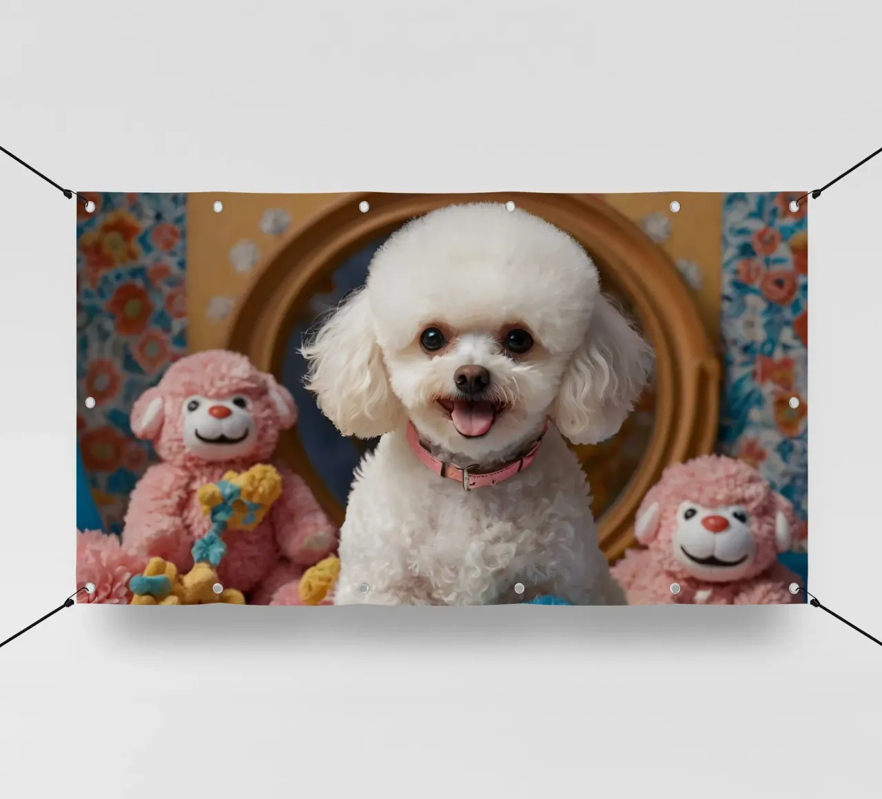 Un allegro barboncino bianco posa tra i giocattoli di peluche telo in pvc da DesignDoodle