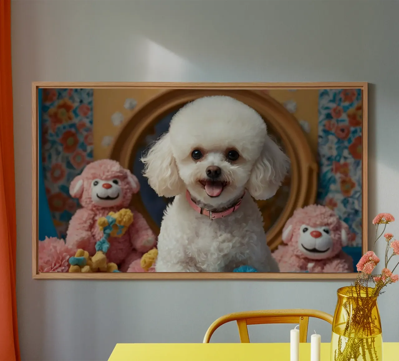 Un allegro barboncino bianco posa tra i giocattoli di peluche alluminio dibond da DesignDoodle