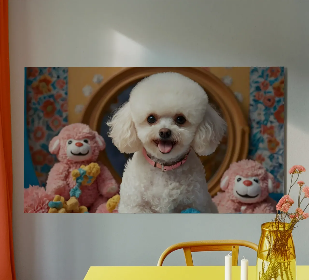 Un allegro barboncino bianco posa tra i giocattoli di peluche alluminio dibond da DesignDoodle