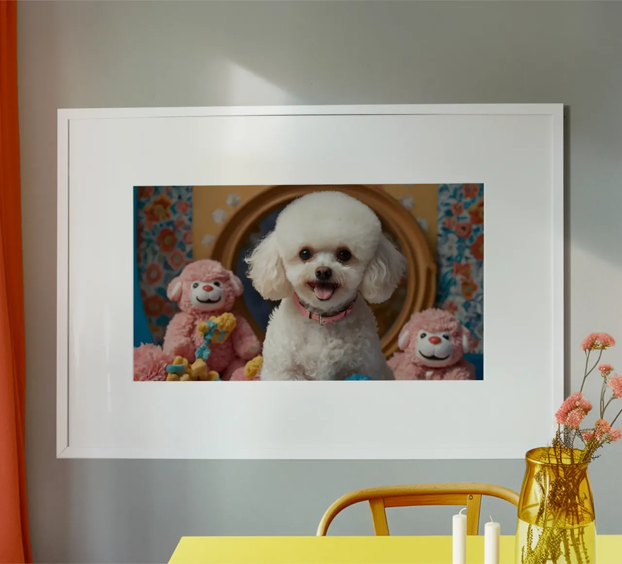 Een vrolijke witte poedel poseert tussen pluchen speelgoed hahnemühle van DesignDoodle