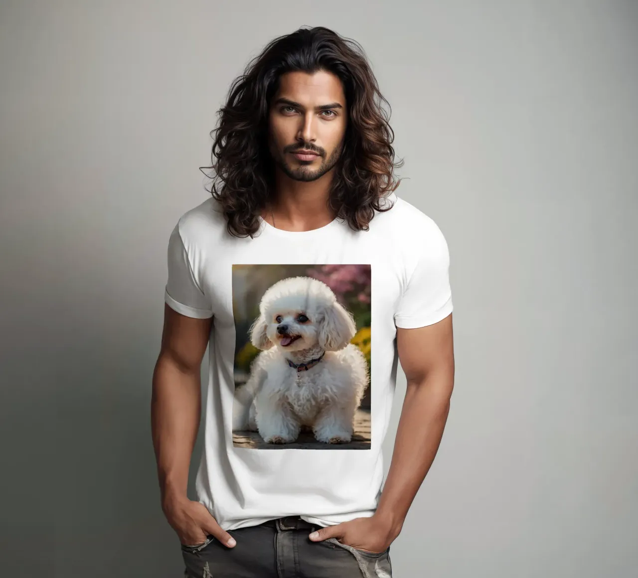 Un cane piccolo e soffice con un manto marrone chiaro e un collare rosa. t-shirt da DesignDoodle