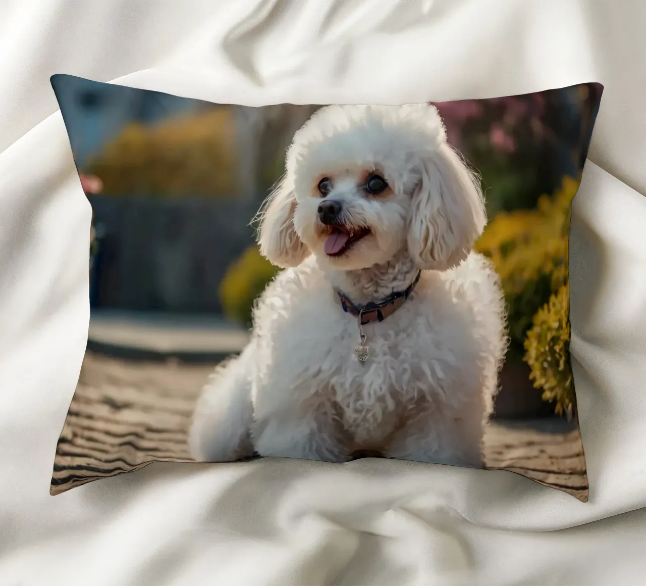 Un cane piccolo e soffice con un manto marrone chiaro e un collare rosa. cuscino da DesignDoodle