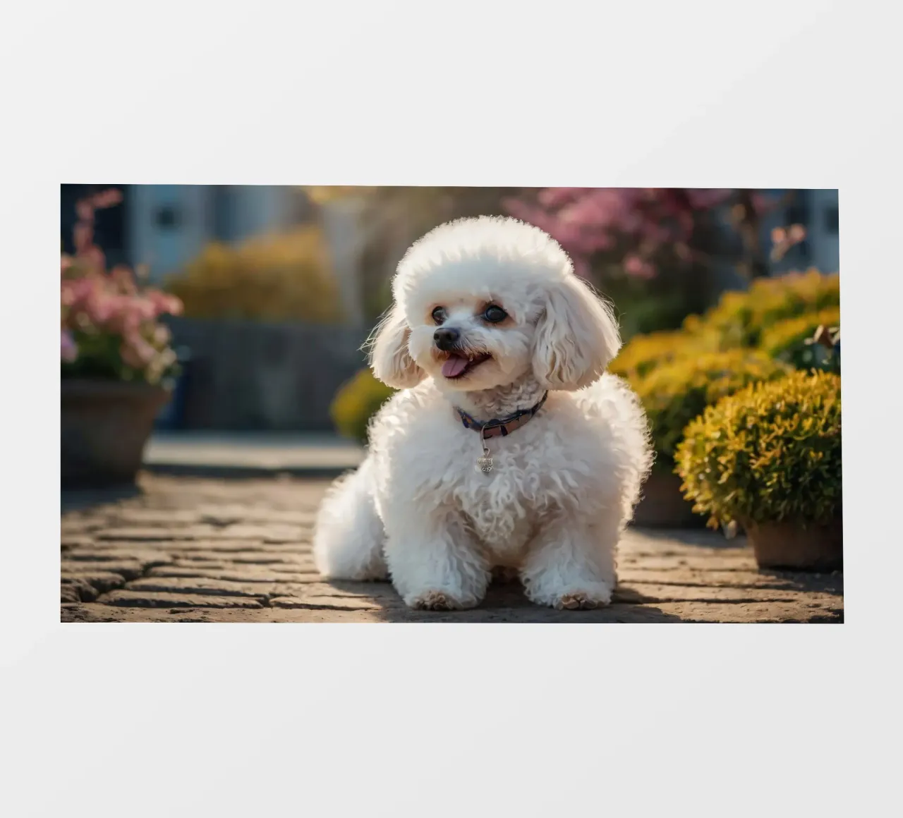Un cane piccolo e soffice con un manto marrone chiaro e un collare rosa. pellicola backlit da DesignDoodle