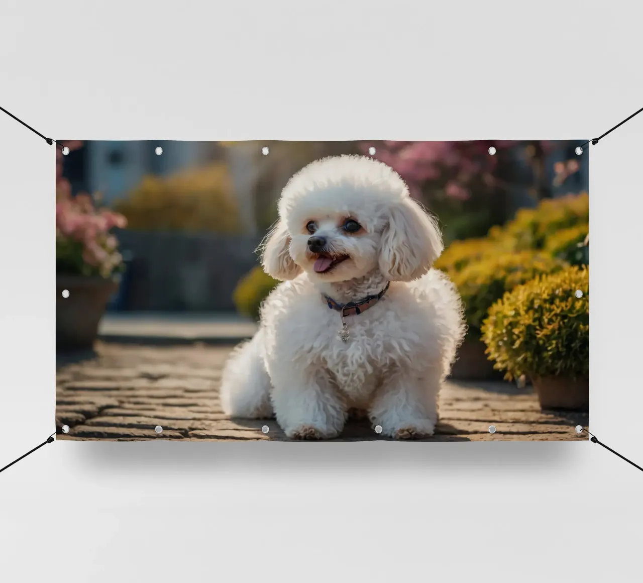 Un cane piccolo e soffice con un manto marrone chiaro e un collare rosa. telo in pvc da DesignDoodle