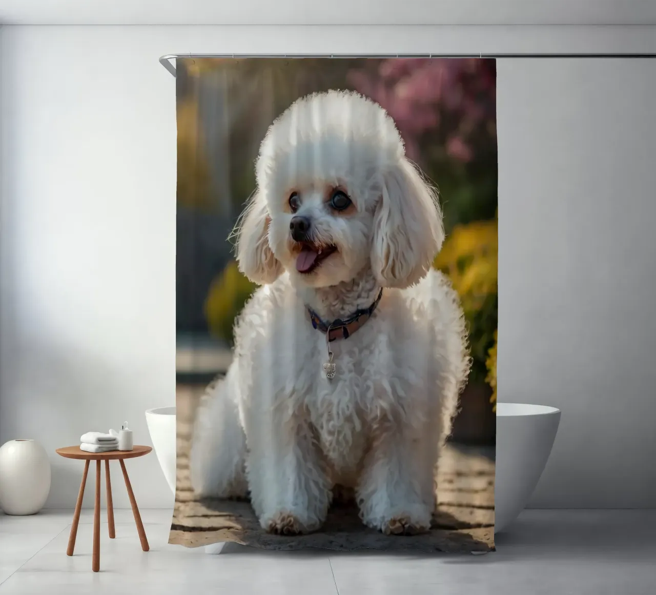 Un cane piccolo e soffice con un manto marrone chiaro e un collare rosa. tenda da doccia da DesignDoodle
