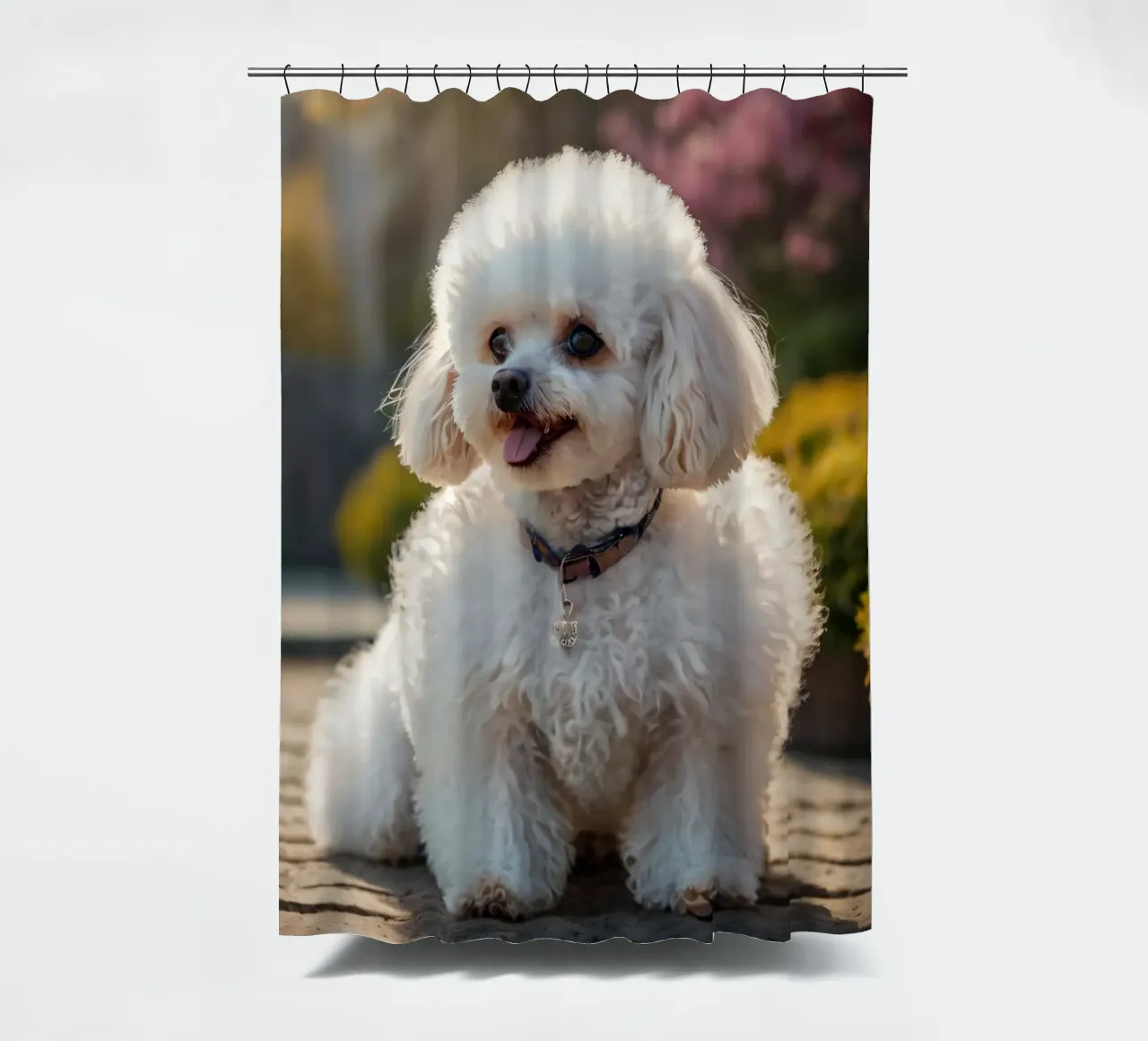 Un cane piccolo e soffice con un manto marrone chiaro e un collare rosa. tenda da doccia da DesignDoodle