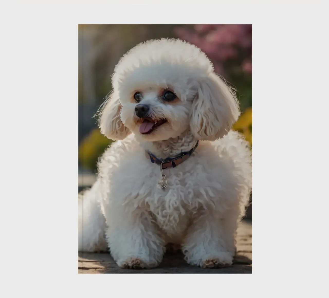 Un cane piccolo e soffice con un manto marrone chiaro e un collare rosa. diario da DesignDoodle