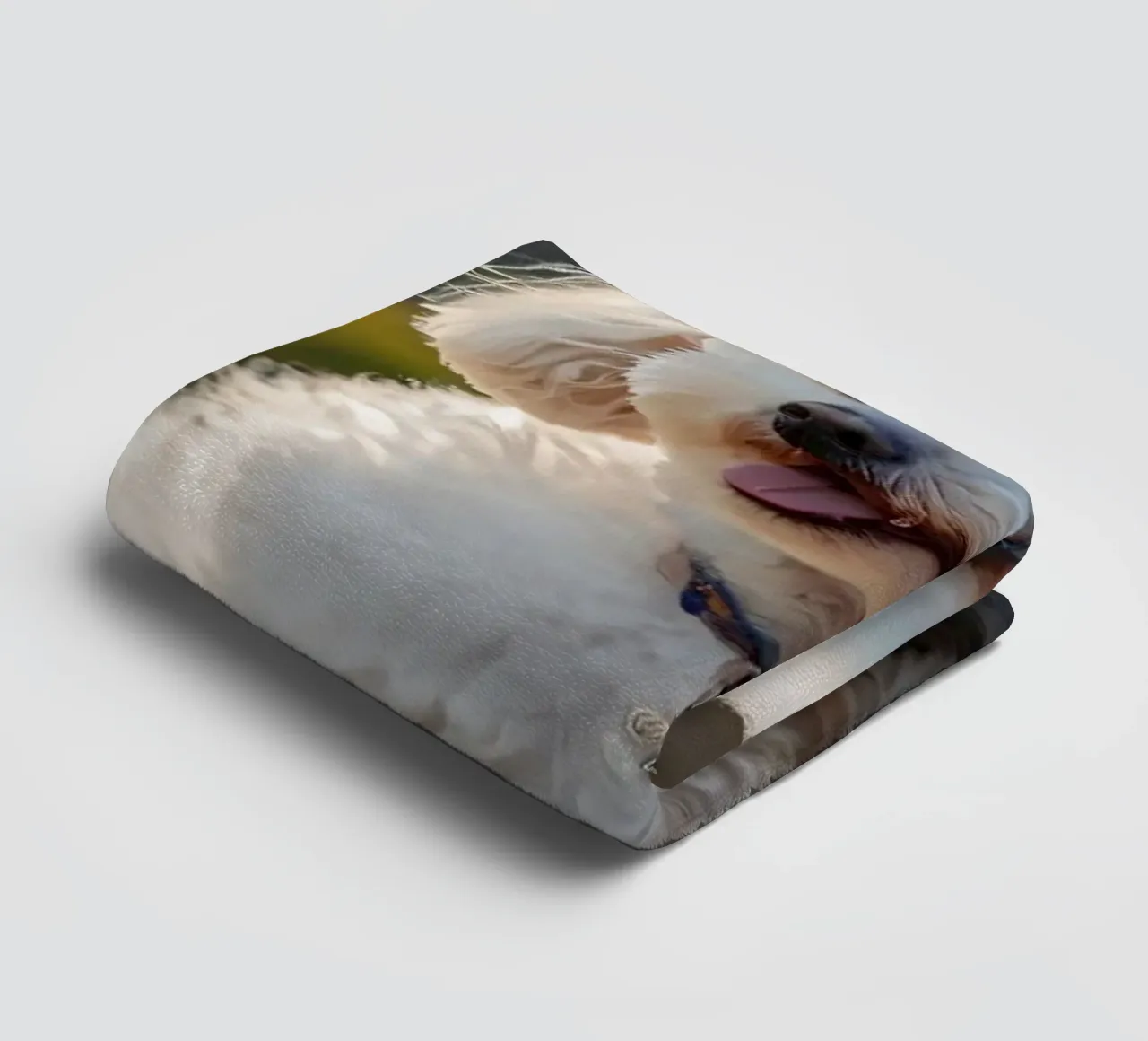Un cane piccolo e soffice con un manto marrone chiaro e un collare rosa. asciugamano da bagno da DesignDoodle