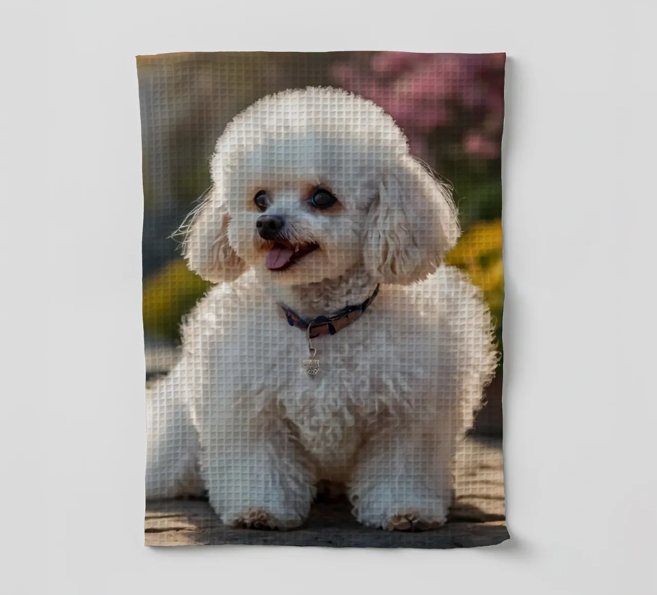 Un cane piccolo e soffice con un manto marrone chiaro e un collare rosa. canovaccio da cucina da DesignDoodle